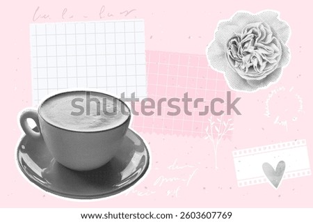 Coffee cup, halftone flower and journaling collage on pink background. Vector template of cozy memory page, vision board