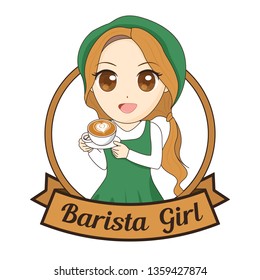 Coffee cup in hand barista girl cartoon.
