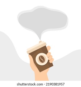 Coffee cup in the hand and bubble speech. Vector illustration of a takeaway coffee cup. Flat style