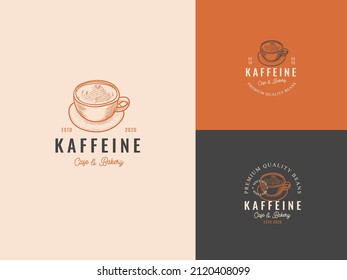Plantilla de logotipo de dibujo de mano para taza de café con tipografía de época de primera calidad. Concepto de Emblema Vintage Elegante.