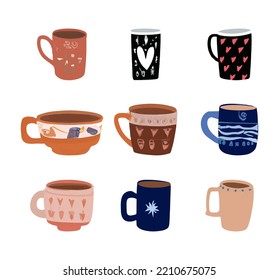 Coffee cup Hand drawn design set, doodle style. Scandinavian style illustration. Isolated on white background. Hand drawn trendy vector illustration. 