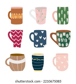 Coffee cup Hand drawn design set, doodle style. Scandinavian style illustration. Isolated on white background. Hand drawn trendy vector illustration. 