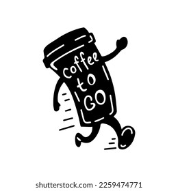Coffee cup. Hand drawn text coffee to go. Illustration for a cafe, menu, poster, logo.
