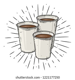 Coffee cup. Hand drawn vector illustration with coffee cup and divergent rays. Used for poster, banner, web, t-shirt print, bag print, badges, flyer, logo design and more.