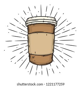 Coffee cup. Hand drawn vector illustration with coffee cup and divergent rays. Used for poster, banner, web, t-shirt print, bag print, badges, flyer, logo design and more.