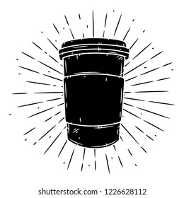 Copa. Ilustración vectorial dibujada a mano con taza de café y rayos divergentes. Utilizado para afiches, banner, web, impresión en pantalones, bolsos, insignias, volante, diseño de logotipo y mucho más.