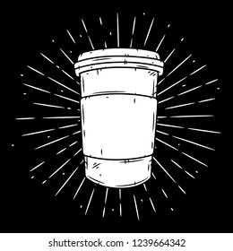 Coffee cup. Hand drawn vector illustration with coffee cup and divergent rays. Used for poster, banner, web, t-shirt print, bag print, badges, flyer, logo design and more.
