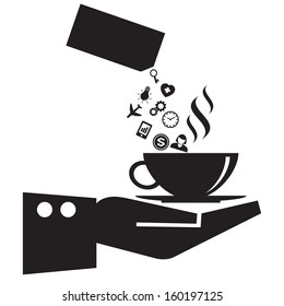 Coffee cup in hand  fill with social media icons and infographics concept ,vector format