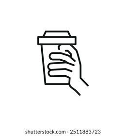 Coffee cup in hand icon in a minimal line art style, perfect for representing takeaway drinks and morning beverages. Ideal for app, web, and packaging design. Vector illustration