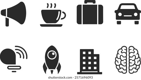 Coffee cup, hand sound,car,brain vector silhouette icon 