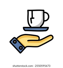Coffee cup and hand vector illustration, filled line design icon