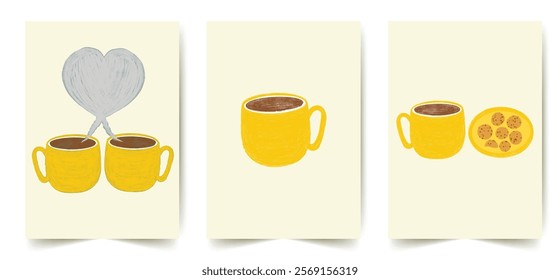 Coffee cup hand vector images. Sketch two cups of coffee mugs in love and steam in heart shape for shop. Coffee bean ingredients, food. Drawing flyers breakfast top view. Tasty fresh tea in yellow cup