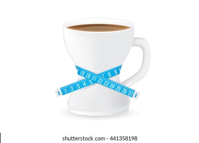 Coffee cup have a curve shape like a shapely body of woman. Coffee glass have measuring tape around. This illustration about slimming drink concept.