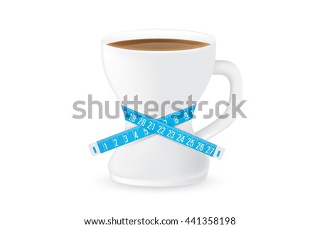 Coffee cup have a curve shape like a shapely body of woman. Coffee glass have measuring tape around. This illustration about slimming drink concept.