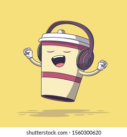 Coffee cup with headset. Hand drawn vector illustration with separate layers.