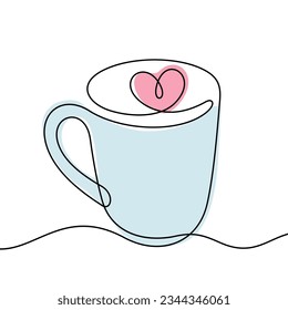 Coffee cup with heart continuous line colourful vector illustration