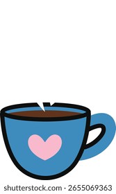 A coffee cup with a heart design in a bold cartoon style. The cup features a heart symbol, emphasizing warmth and love. Cartoon vector illustration.