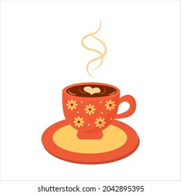 Coffee Cup with Heart. Floral mug and saucer. 