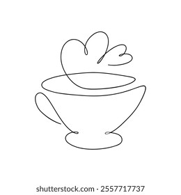 Coffee cup with a heart hand-drawn in one continuous line, black and white illustration, vector. Graphic contour romantic illustration for decoration, decor design, holiday, Valentine, wedding