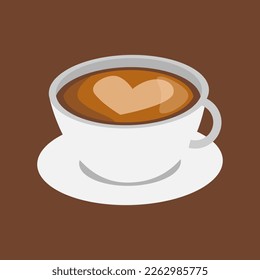 coffee in cup with heart latte art. isolated on brown background. concept of drink, coffee shop, work, barista. flat vector style.