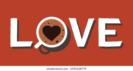 Coffee cup with heart. Lettering - love. Sweet heart inside cup of coffee. Mug and text for prints, cards, cafe, design, packaging. Doodle isolated on red background. vector illustration