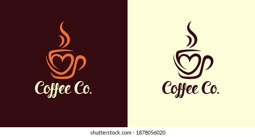 Coffee cup heart logo. Cafe mug icon. Latte cup symbol. Espresso hot drink sign. Love cappuccino emblem. Vector illustration.
