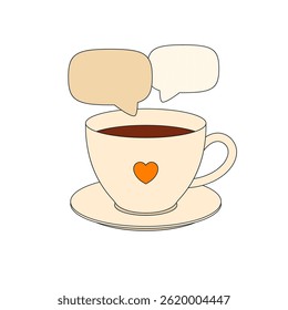 A coffee cup with a heart on a plate isolated on a light background, with speech bubbles offering conversation or dialogue. Vector illustration.