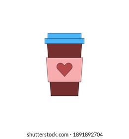 Coffee cup with a heart on the side. Vector cartoon illustration. Isolated object on a white background.