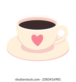 A coffee cup with a heart on it sits on a white plate. The cup is filled with dark coffee, and the heart is pink. Concept of warmth and comfort, as the heart symbolizes love