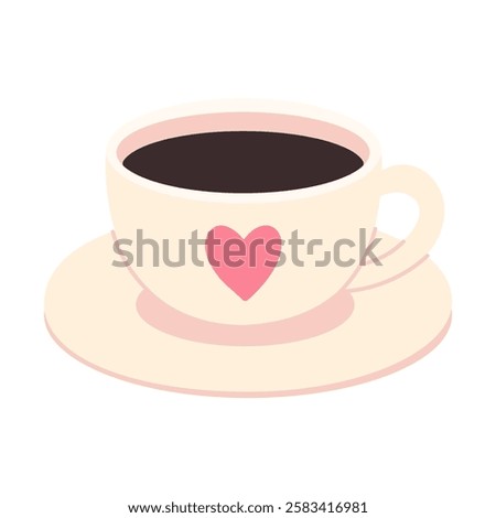 A coffee cup with a heart on it sits on a white plate. The cup is filled with dark coffee, and the heart is pink. Concept of warmth and comfort, as the heart symbolizes love
