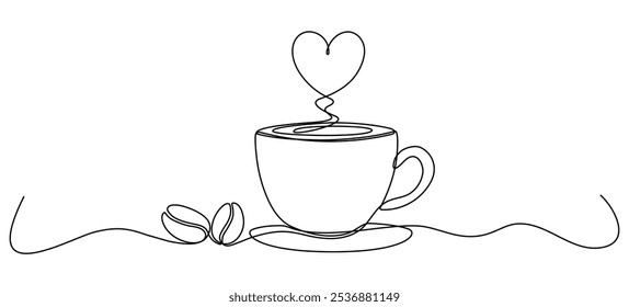 Taza de café con la línea continua de la forma del corazón dibujada. Símbolo lineal de granos de café. Ilustración vectorial aislada en blanco.