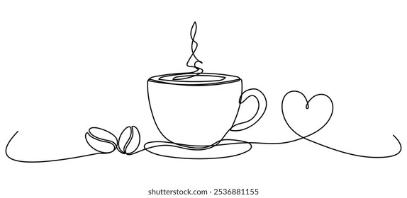 Coffee cup with heart shape continuous line drawn. Coffee beans linear symbol. Vector illustration isolated on white.