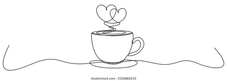 Taza de café con la línea continua de la forma del corazón dibujada. Taza de té símbolo lineal. Ilustración vectorial aislada en blanco.