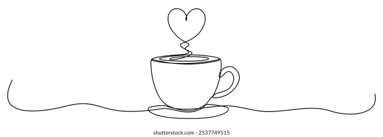 Taza de café con la línea continua de la forma del corazón dibujada. Taza de té símbolo lineal. Ilustración vectorial aislada en blanco.