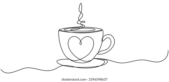 Coffee cup with heart shape continuous line drawn. Hot tea drink. Vector illustration isolated on white.