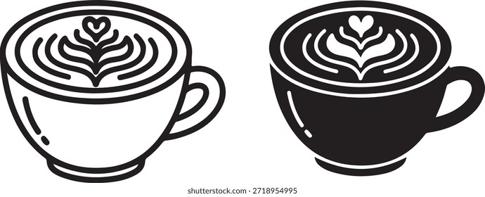 Taza de café con el arte del latte de la forma del corazón aislado en el fondo blanco, Vector, ilustración