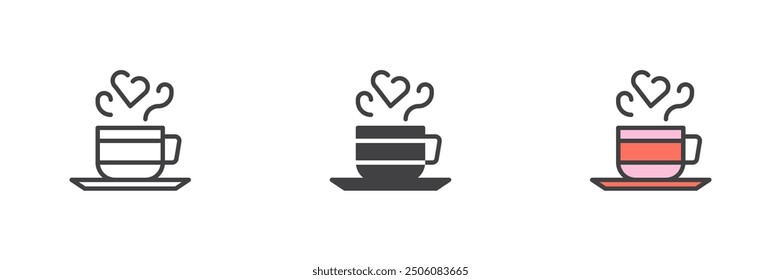 Coffee cup with heart shape steam different style icon set. Line, glyph and filled outline colorful version, outline and filled vector sign. Valentine breakfast symbol, logo illustration. 