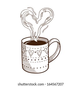 Coffee cup with heart shaped steam.  Sketch vector element for romantic design