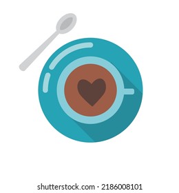 Coffee cup with heart and spoon icon view from above. Flat design elements for coffee house and shop.