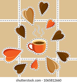 Coffee cup and hearts. Concept - I like coffee. A fragrant drink. The beginning of the day. Drawings in the cartoon style. Vector illustration. Eps 10.