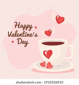 coffee cup with hearts love romantic and lettering vector illustration design