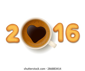 Coffee cup with heart-shaped froth,cookies in shape of numerals, on white background. New Year 2016