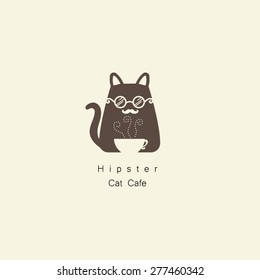 Coffee cup with hipster cat logo vector.