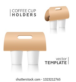 Coffee cup holder paper design. Beverage drink handle mockup. Cardboard coffee cup holder takeaway.