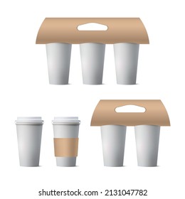 Coffee cup holder set mockup isolated on white background, vector illustration
