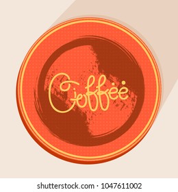 Coffee cup holder, under cup, oval, circle paper, vector flat illustration, coffee logotype, line art text