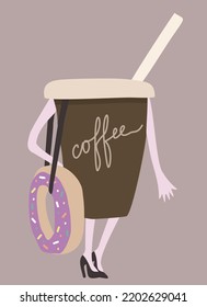 Coffee cup holding donut like a bag. Morning meal concept. Vector illustration.