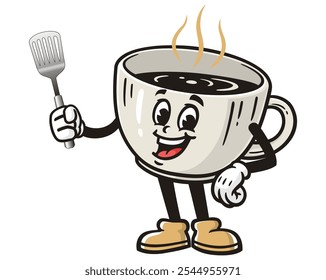 Coffee Cup holding spatula, Cartoon Mascot Illustration Character Vector Retro Vintage Clip-art Hand-drawn Logo Design