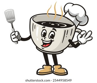 Taza de café que sostiene una espátula y que lleva un sombrero del chef, Vector de carácter de la ilustración de la mascota de la historieta Retro Antiguas Clip-arte Dibujado a mano Diseño del logotipo