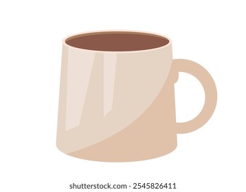 Café en taza. Bebida caliente en taza beige en platillo. Café o té. Cappuccino, mochaccino y café con leche. Bebida sabrosa. Plantilla y maquetación. Ilustración vectorial plana aislada sobre fondo blanco